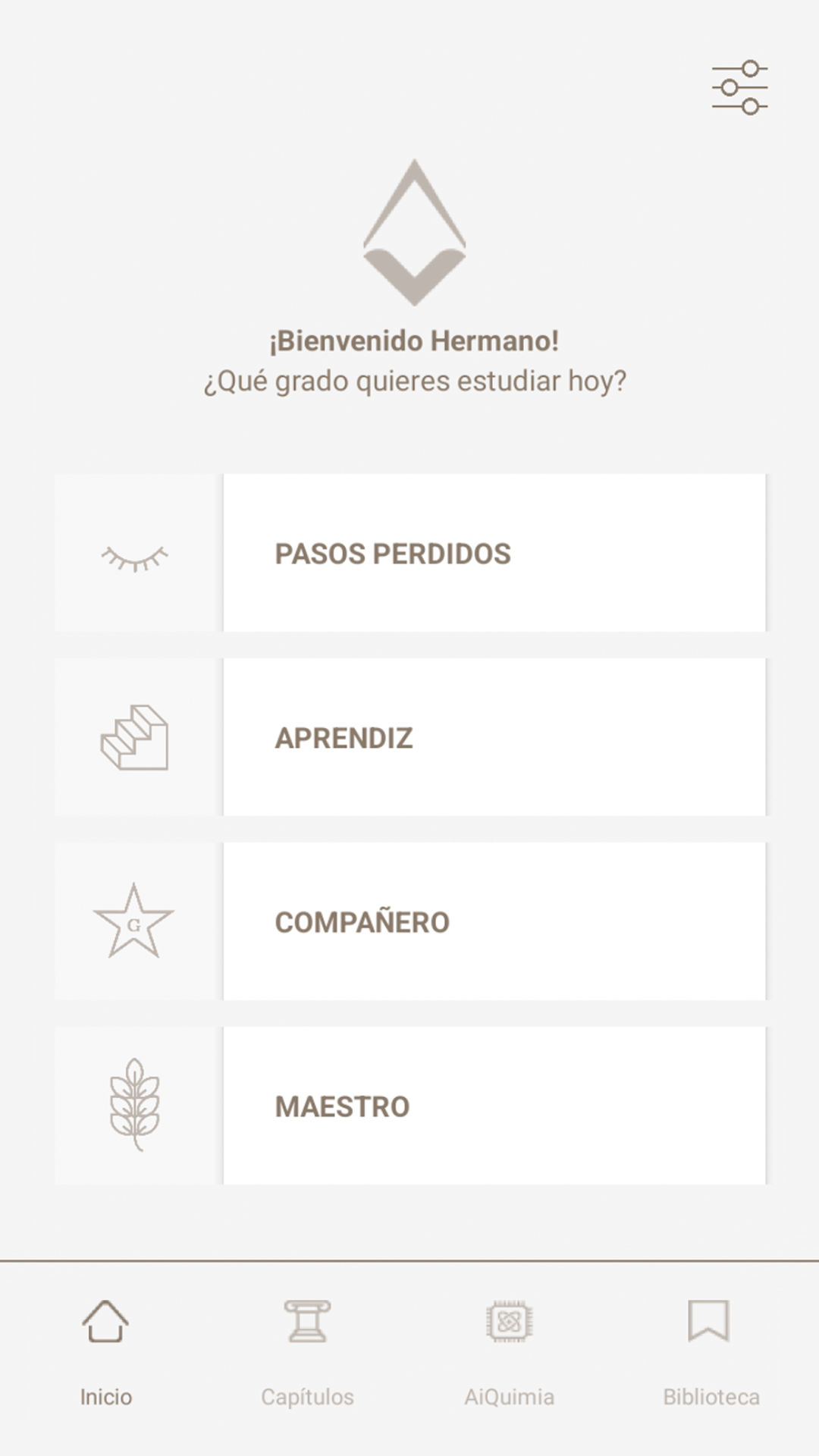 Pantalla principal de Vitriol App mostrando los grados masónicos y biblioteca de la logia